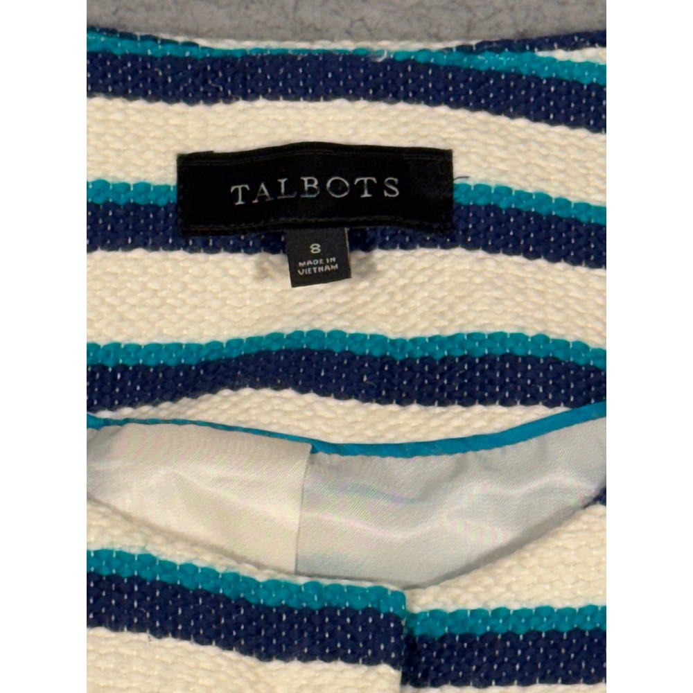 Talbots Women's Striped Blazer Jacket Size 8 Navy Teal White Fringe Collarless - Picture 2 of 9